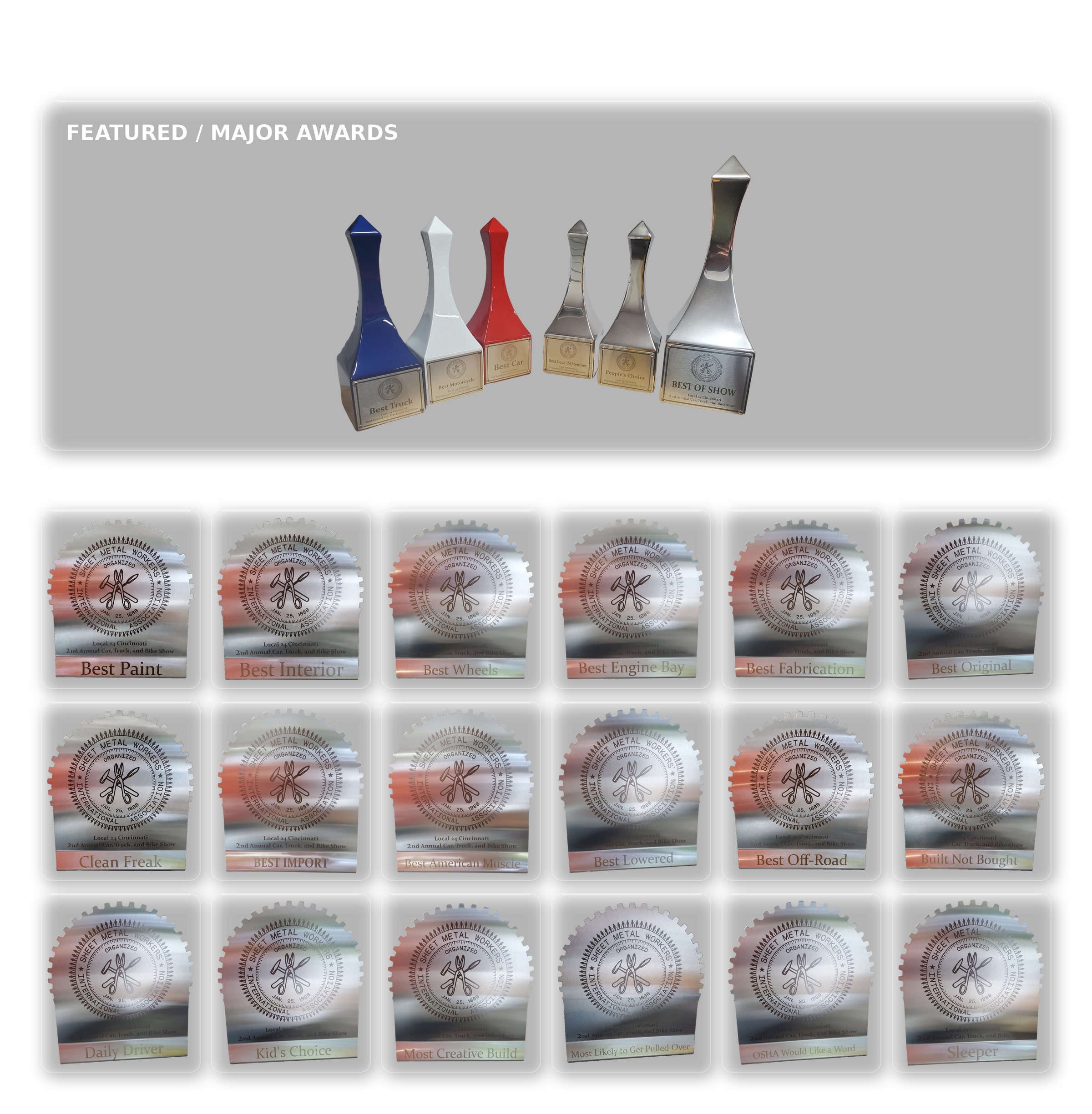 Twenty-four custom trophies for the 2026 Sheet Metal Workers Local 24 Cincinnati Car, Truck, and Bike Show, including six featured awards and eighteen specialty awards.