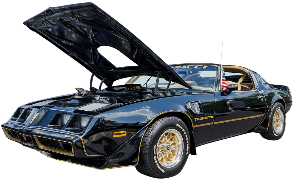 Black Pontiac Trans Am with its hood open